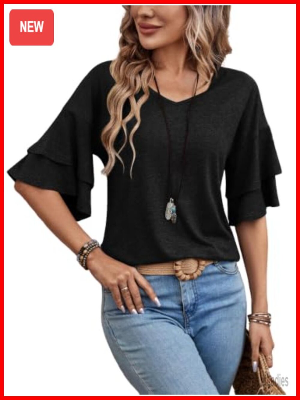 Womens Ruffle V Neck 3/4 Sleeve Blouse Tunic Casual Top